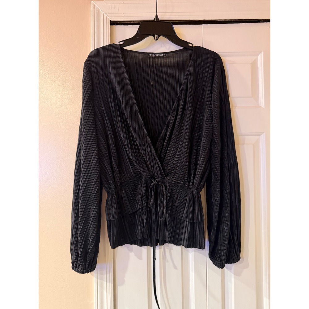 Zara Black Plisse Pleated Wrap Blouse